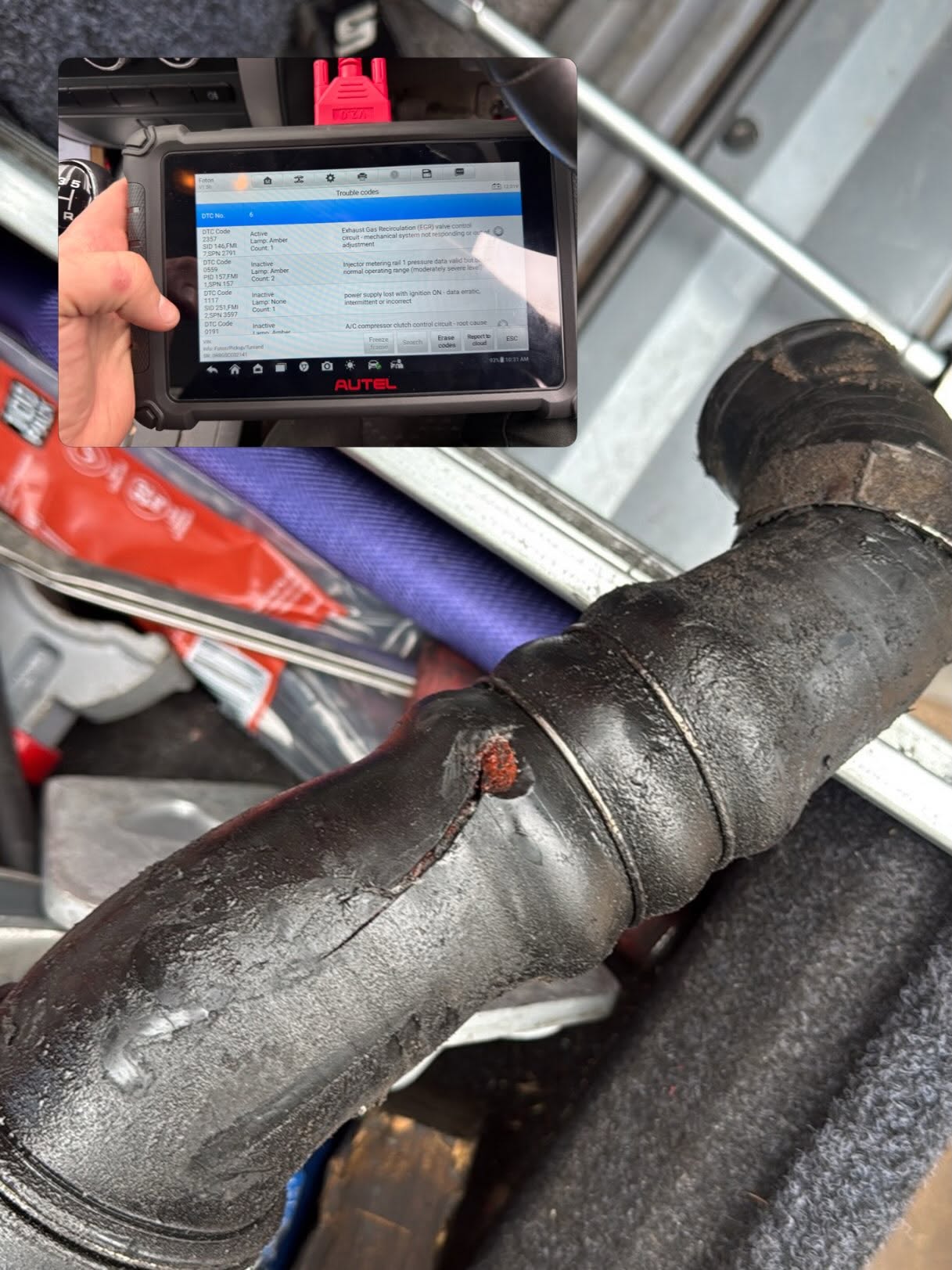 Fault scan & cracked EGR pipe found